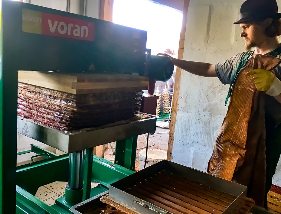 Māris Plūme working with Voran packing press 100P2 in Mr. Plūme cidery